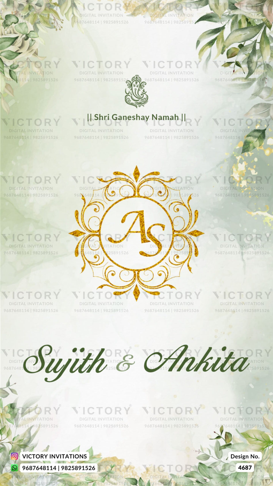 Wedding ceremony invitation card of hindu south indian kannada family in english language with artistic leaves theme design 4687