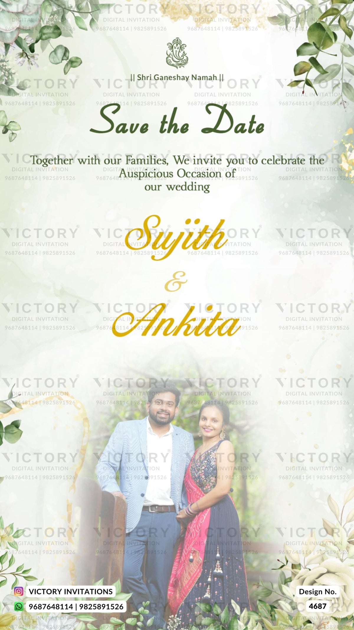Wedding ceremony invitation card of hindu south indian kannada family in english language with artistic leaves theme design 4687