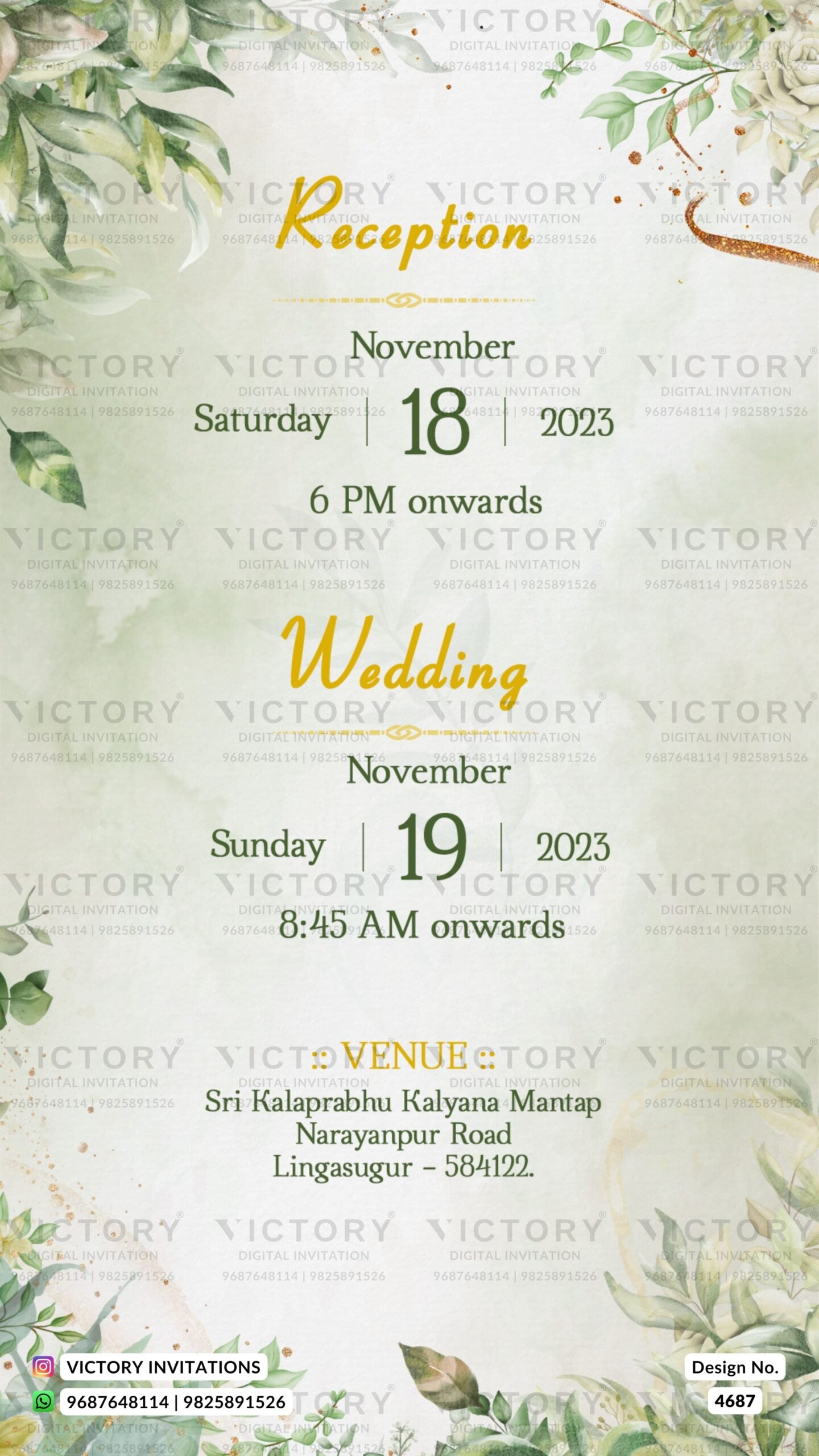 Wedding ceremony invitation card of hindu south indian kannada family in english language with artistic leaves theme design 4687