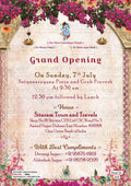 Opening invitation card in english language with flowers, gate as vintage theme design 4690