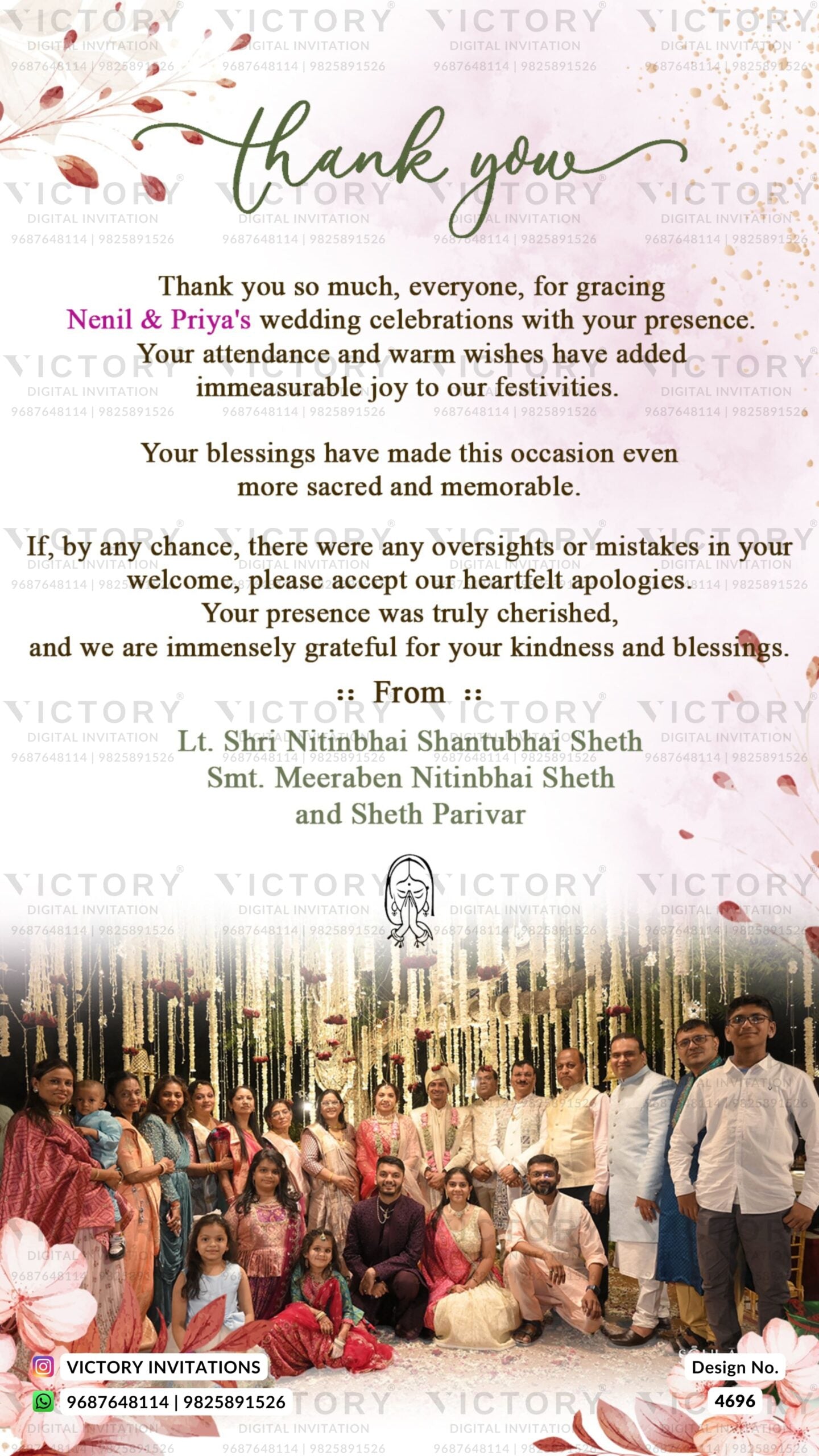 Wedding Thank You card in english language with family photo as minimalistic theme design 4696