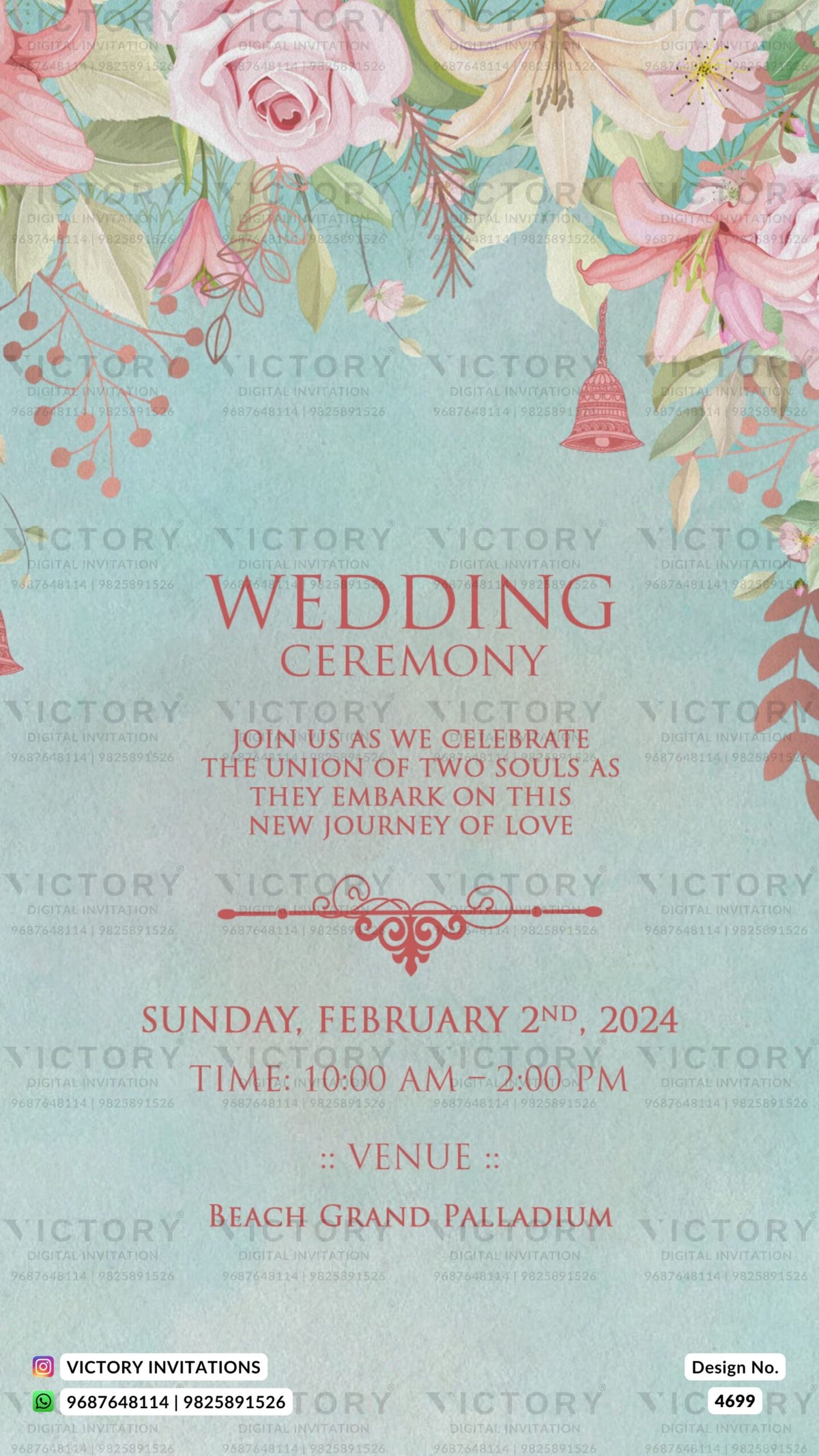 Wedding ceremony invitation card of hindu south indian tamil family in english language with floral theme design 4699