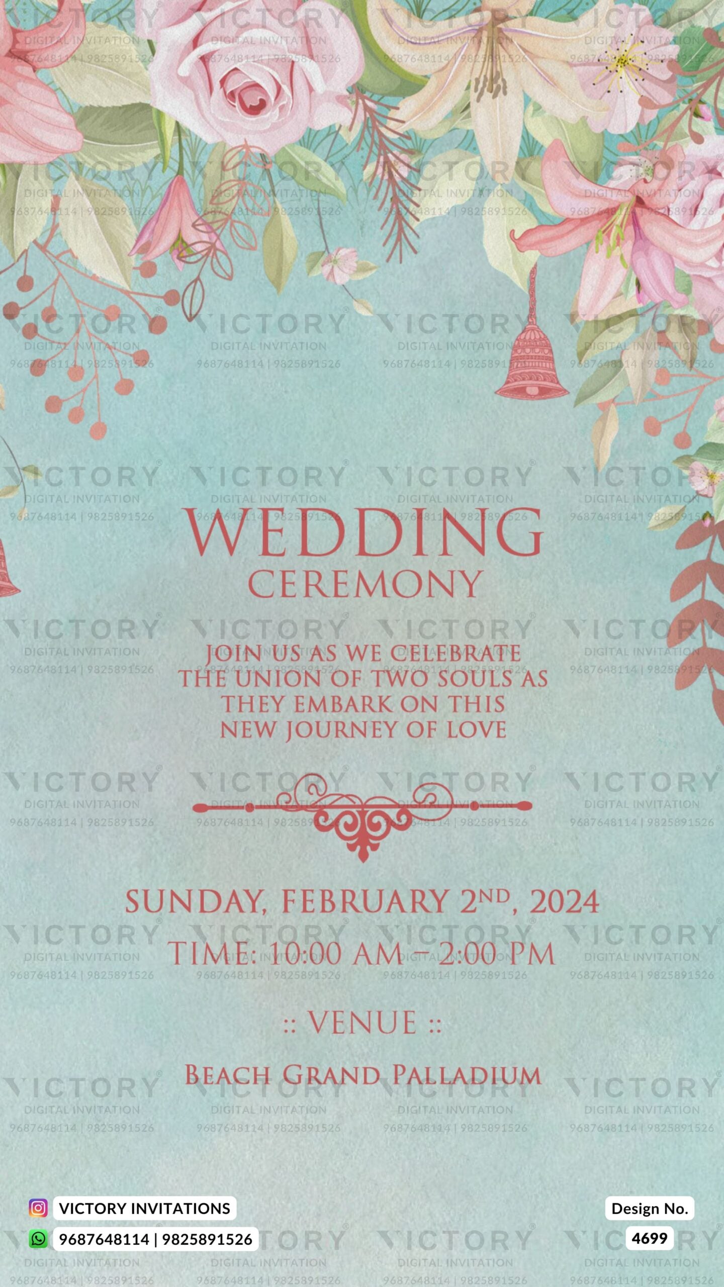 Wedding ceremony invitation card of hindu south indian tamil family in english language with floral theme design 4699