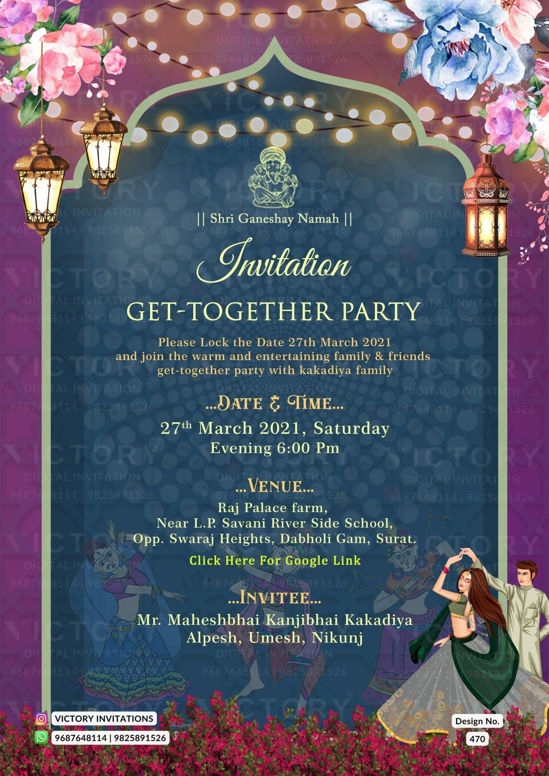 Get Together Party ceremony invitation card in english language with romantic couple doodle, flowers as traditional theme design 470