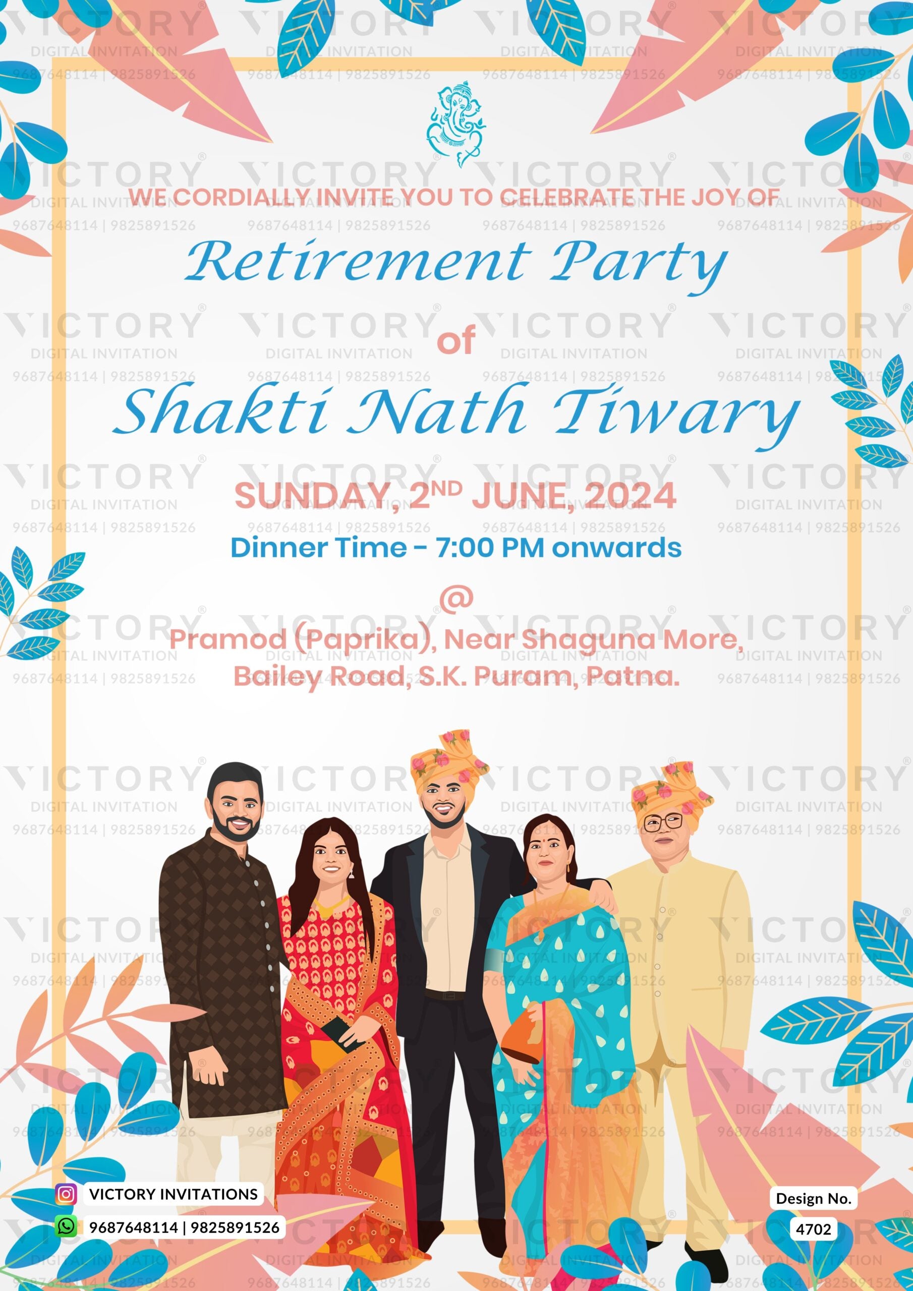 Family caricature invitation card for Retirement party of Bihari family in english language with floral theme design 4702