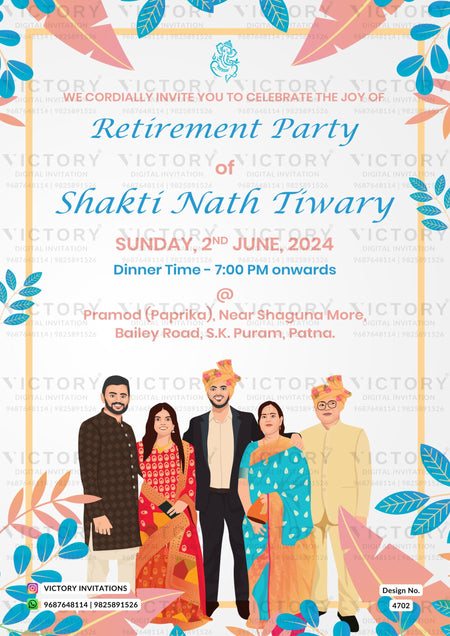 Family caricature invitation card for Retirement party of Bihari family in english language with floral theme design 4702