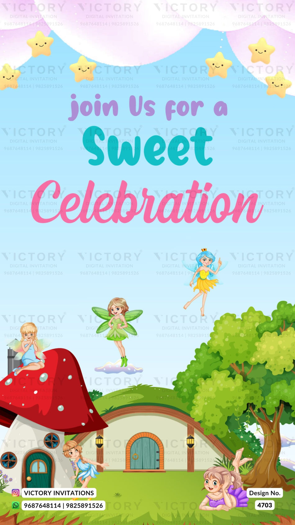Birthday party invitation card for girl and boy in english language with barbie, house as garden theme design 4703