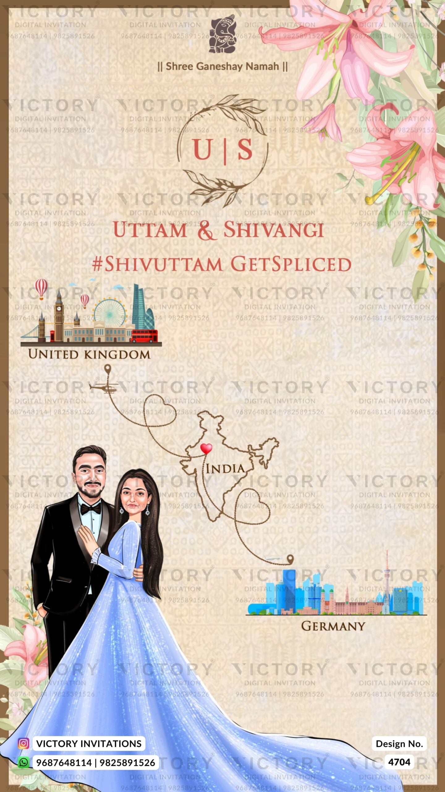 Stylish couple caricature invitation card for wedding ceremony of gujarati patel family in english language with floral theme design 4704