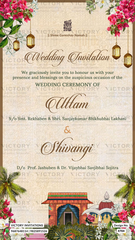Stylish couple caricature invitation card for wedding ceremony of gujarati patel family in english language with floral theme design 4704