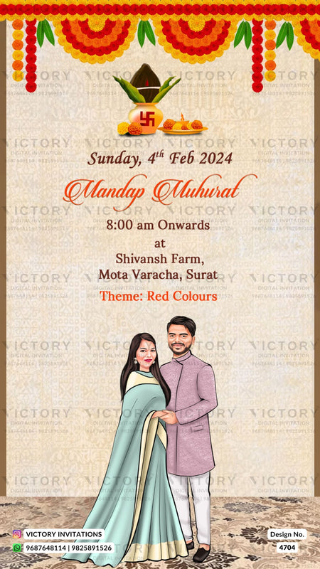 Stylish couple caricature invitation card for wedding ceremony of gujarati patel family in english language with floral theme design 4704