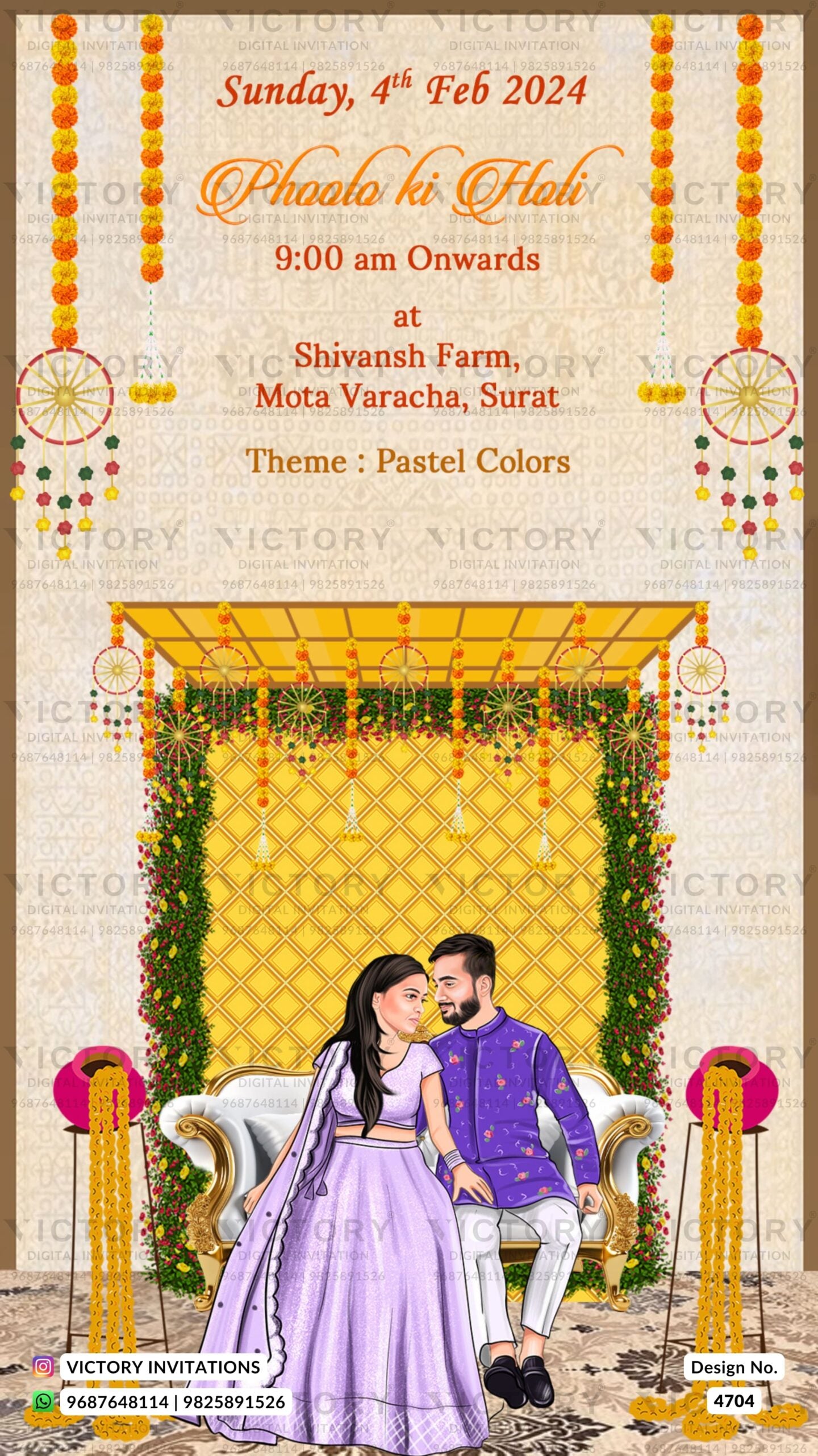 Stylish couple caricature invitation card for wedding ceremony of gujarati patel family in english language with floral theme design 4704
