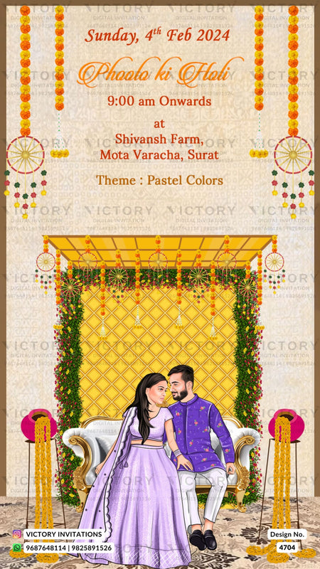 Stylish couple caricature invitation card for wedding ceremony of gujarati patel family in english language with floral theme design 4704