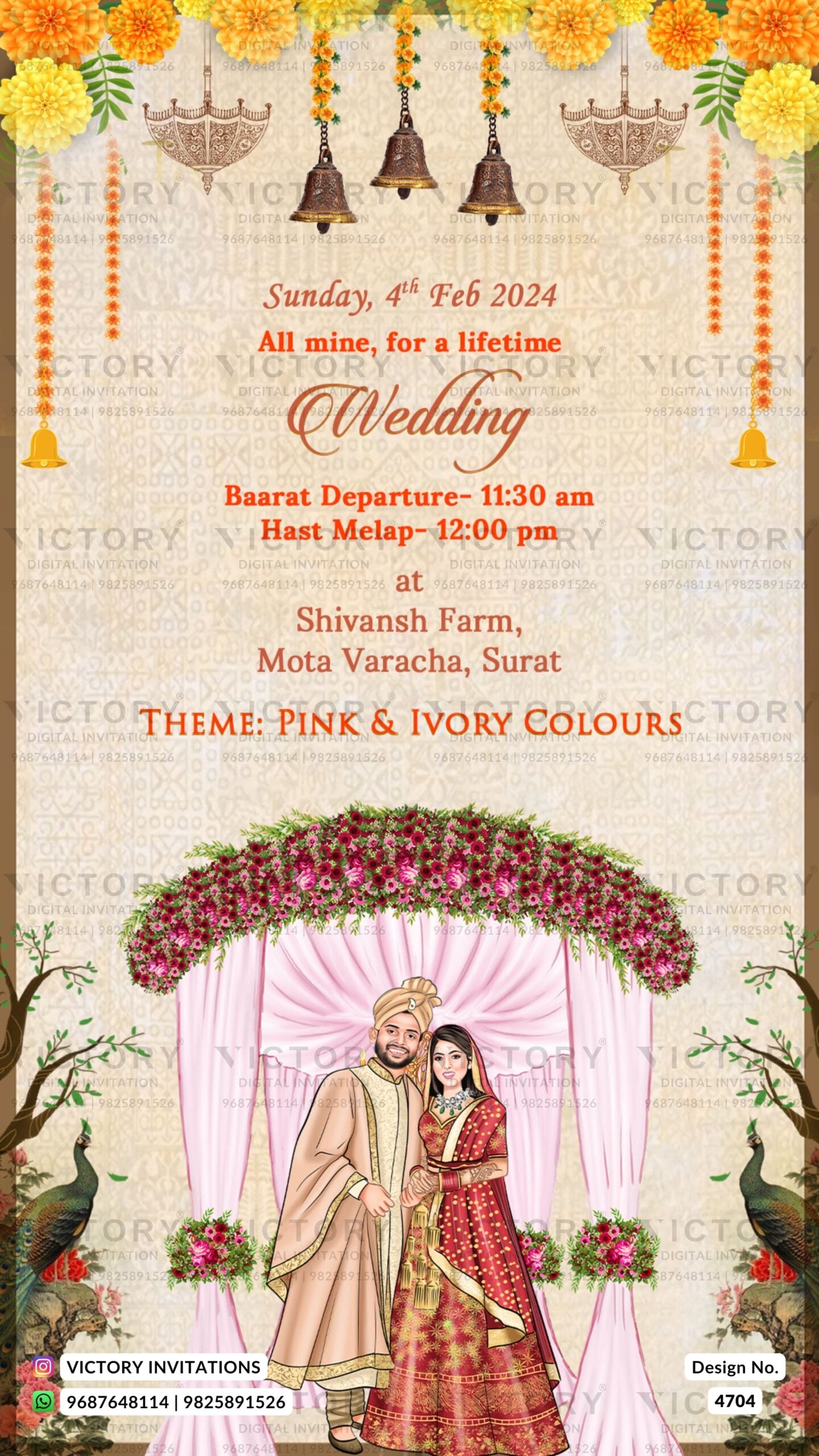 Stylish couple caricature invitation card for wedding ceremony of gujarati patel family in english language with floral theme design 4704