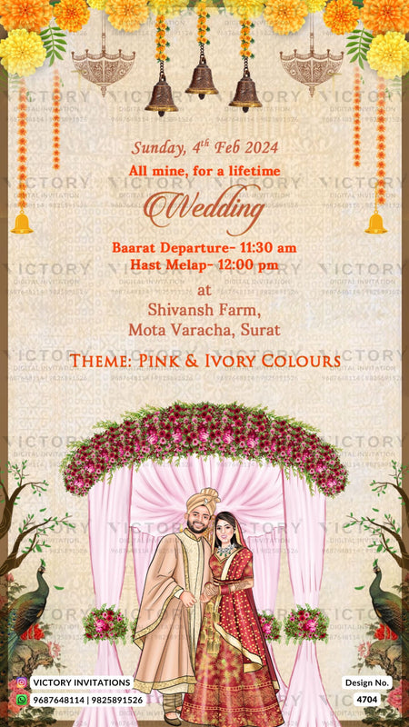 Stylish couple caricature invitation card for wedding ceremony of gujarati patel family in english language with floral theme design 4704