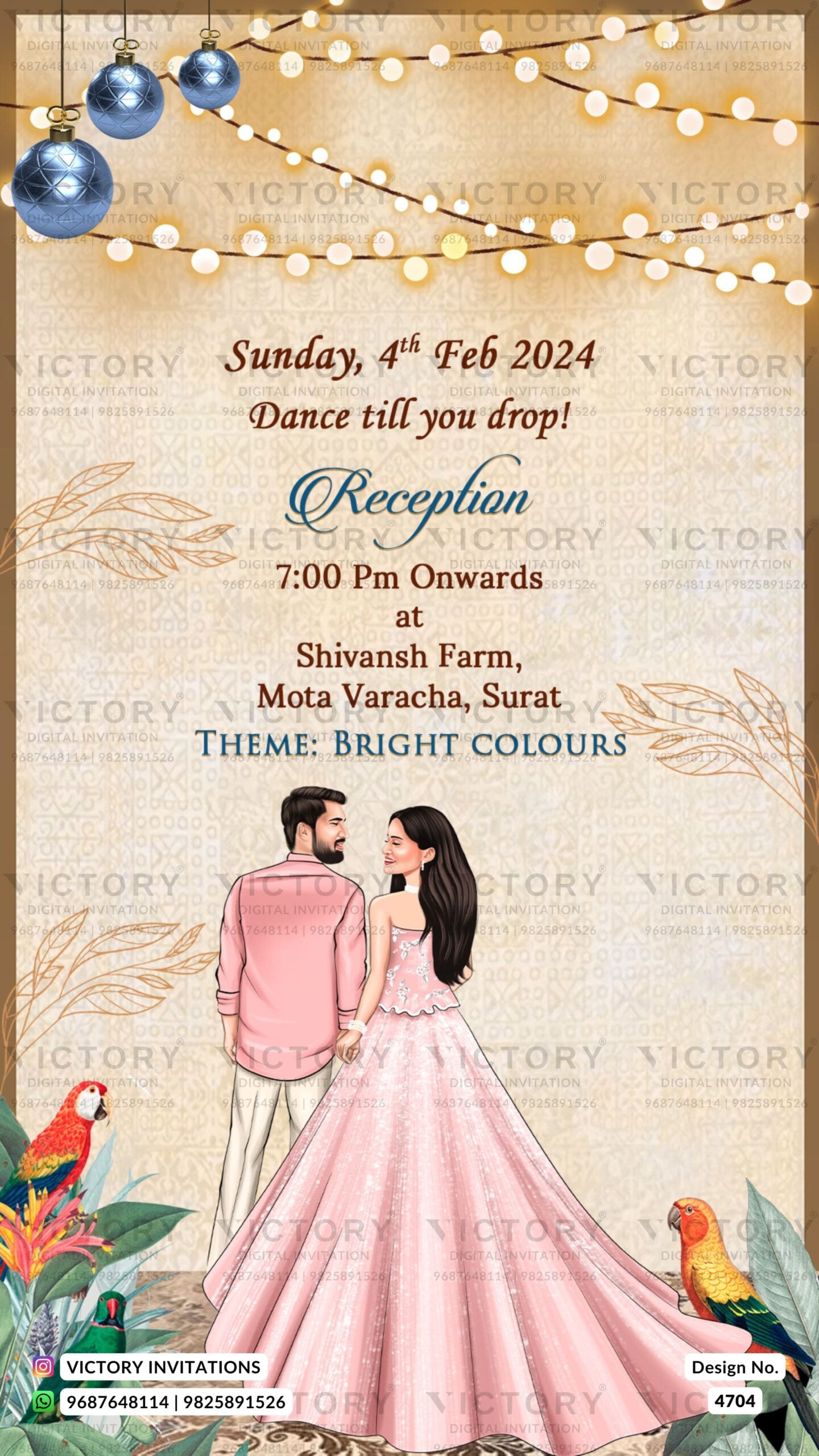 Stylish couple caricature invitation card for wedding ceremony of gujarati patel family in english language with floral theme design 4704