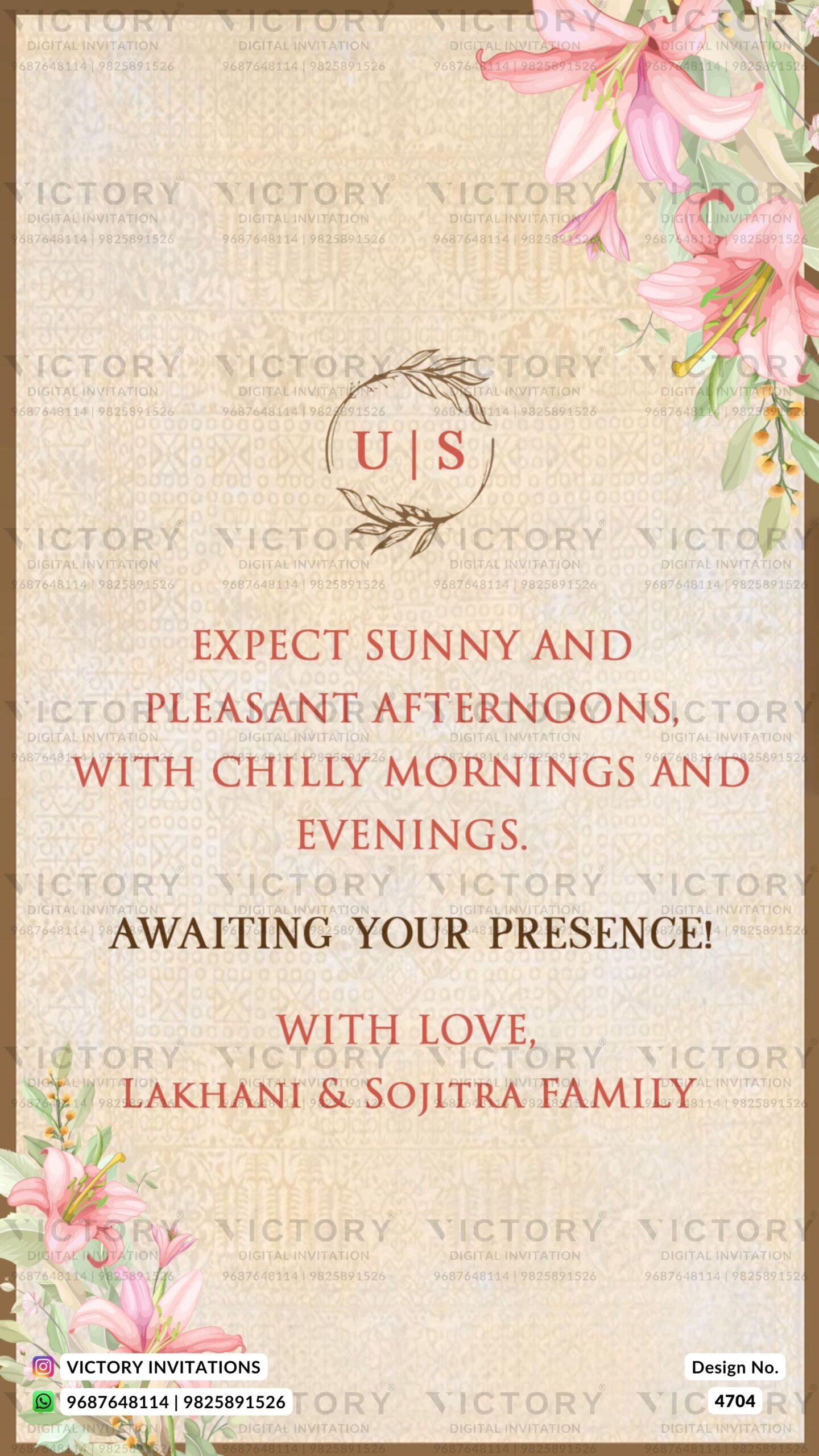 Stylish couple caricature invitation card for wedding ceremony of gujarati patel family in english language with floral theme design 4704