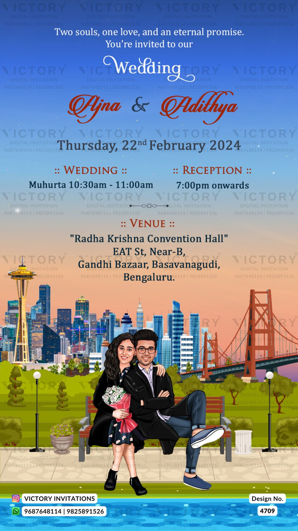 Romantic couple caricature invitation card for wedding ceremony of south indian kannada family in english language with garden theme design 4709