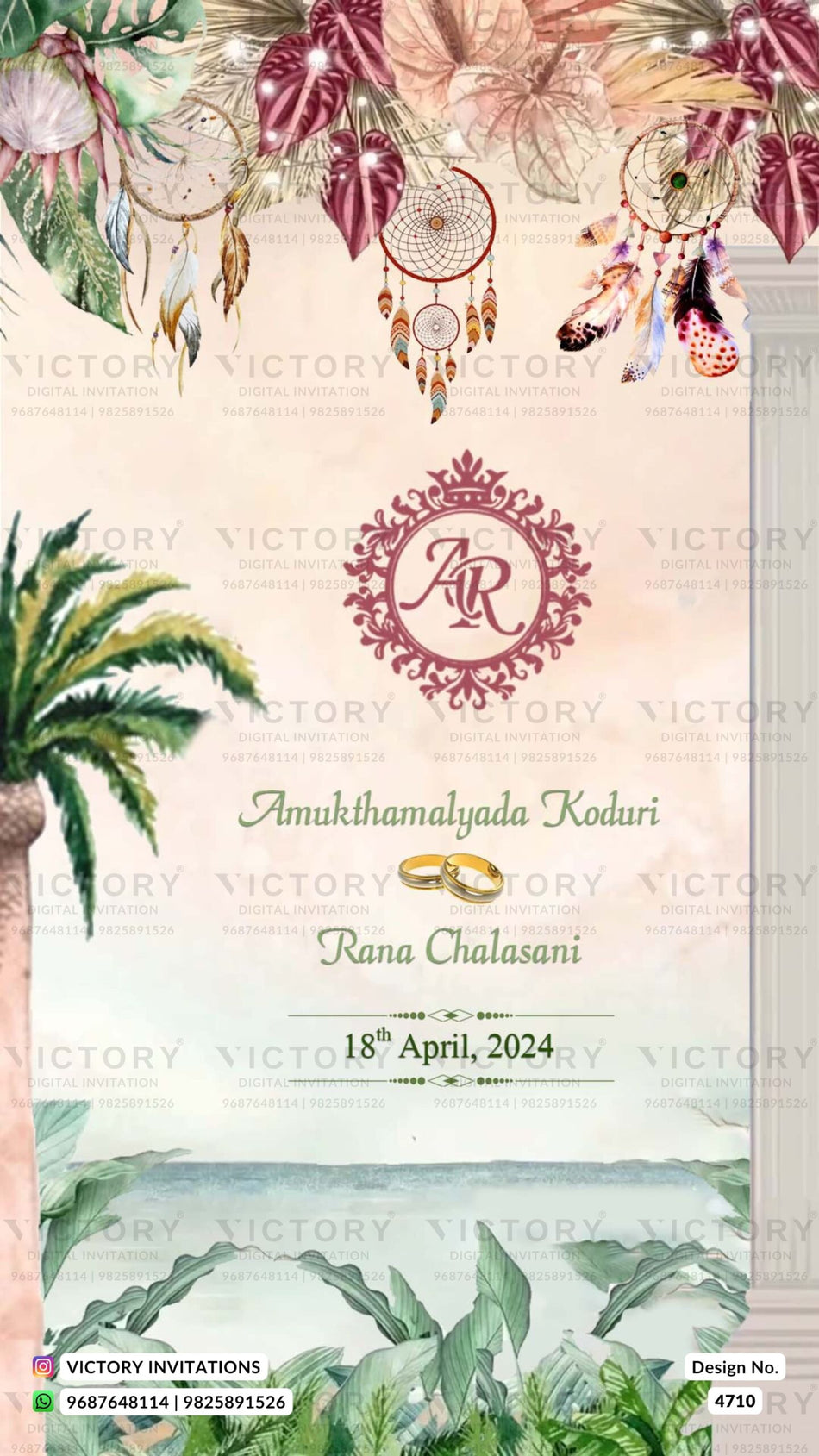 Engagement ceremony invitation card in english language with pillar, leaves as floral theme design 4710