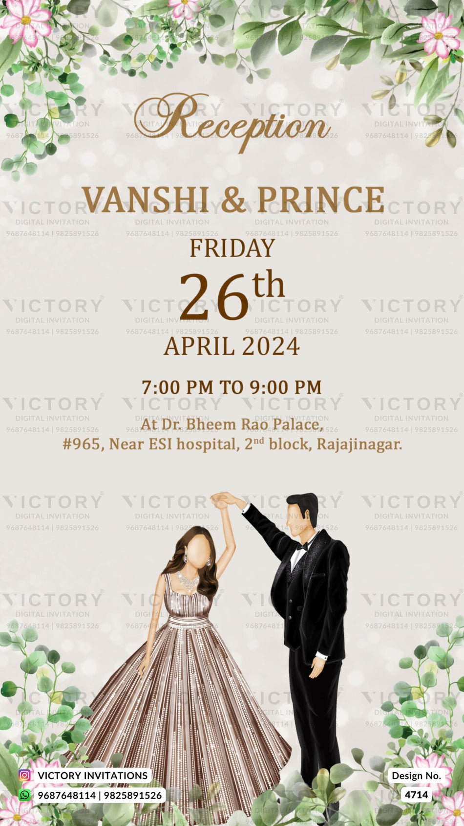 Reception Party invitation card in english language with leaves, couple doodle as floral theme design 4714