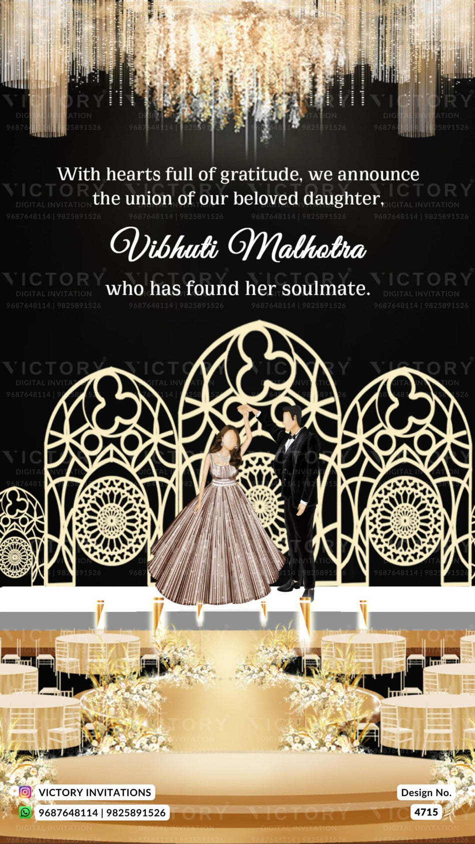 Reveal Party invitation card in english language with hanging, chair, table as royal theme design 4715