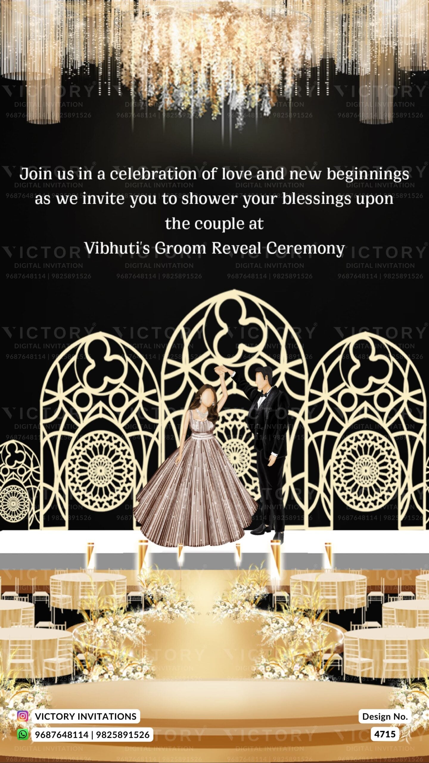 Reveal Party invitation card in english language with hanging, chair, table as royal theme design 4715