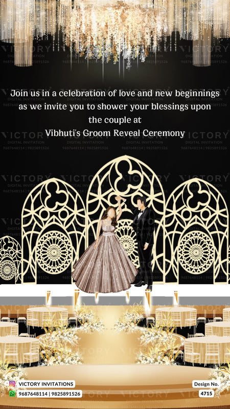 Reveal Party invitation card in english language with hanging, chair, table as royal theme design 4715