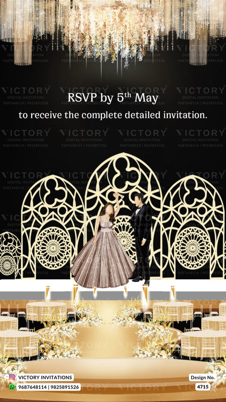 Reveal Party invitation card in english language with hanging, chair, table as royal theme design 4715