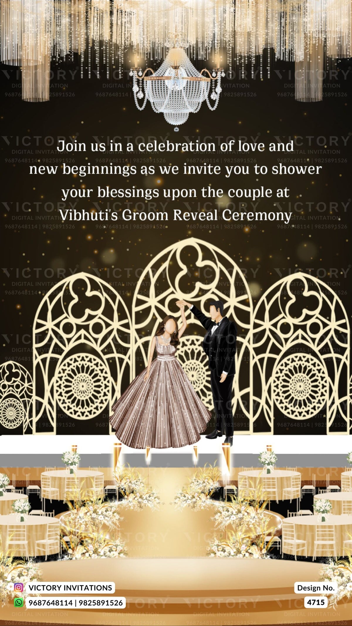 Reveal Party invitation card in english language with hanging, chair, table as royal theme design 4715