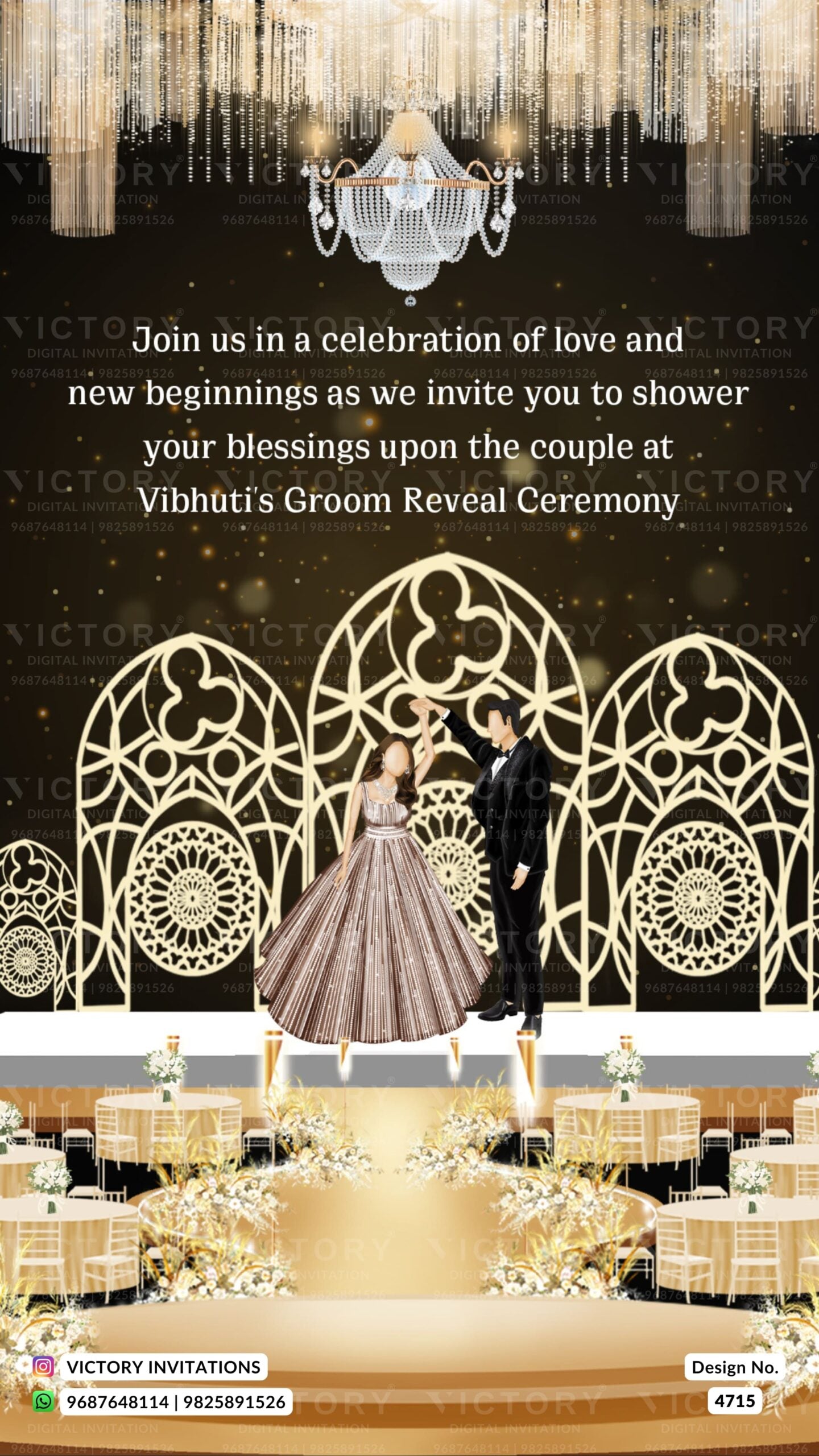 Reveal Party invitation card in english language with hanging, chair, table as royal theme design 4715
