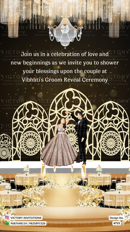 Reveal Party invitation card in english language with hanging, chair, table as royal theme design 4715