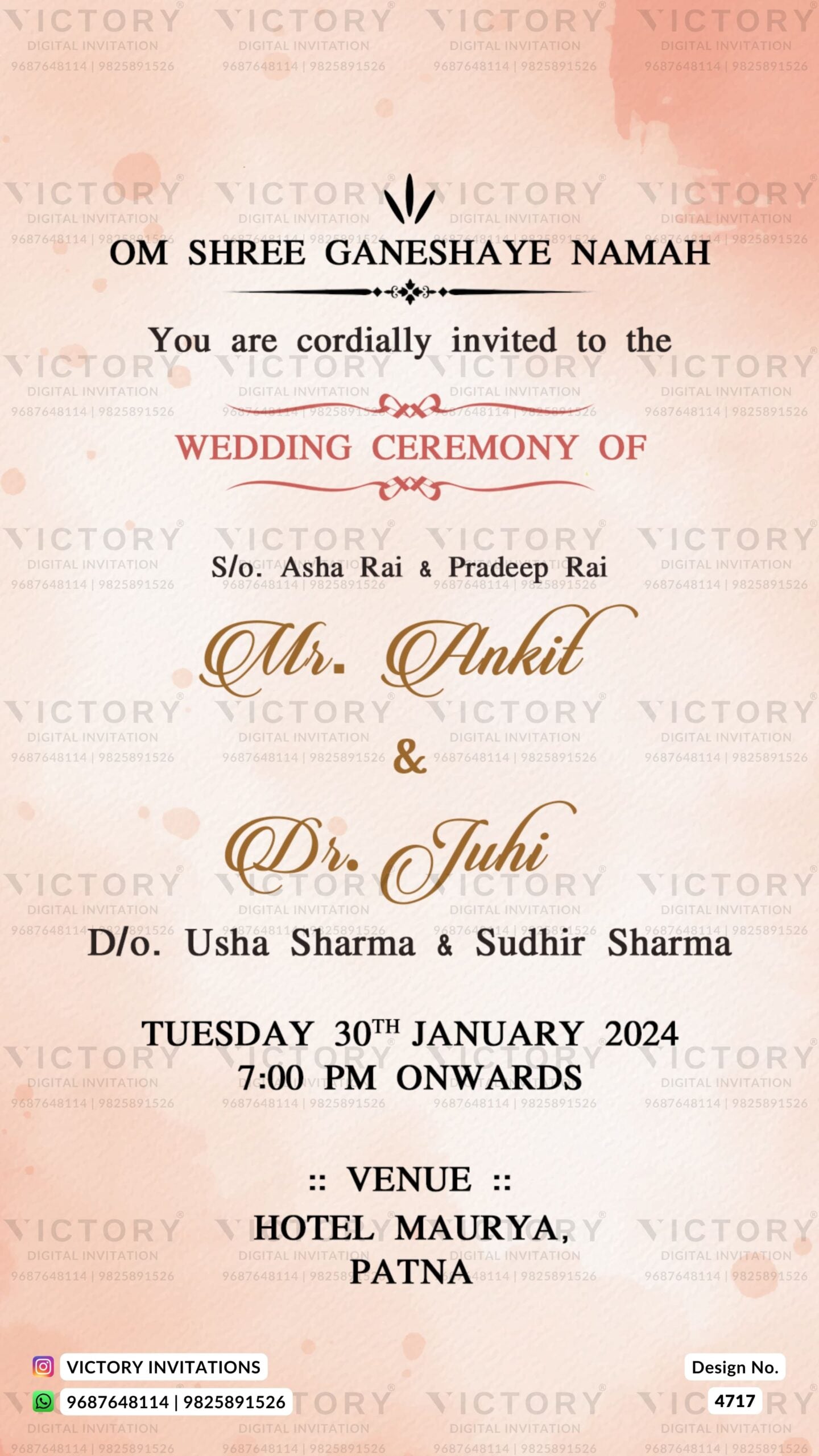 Wedding ceremony invitation card of hindu Bihari family in english language with minimalistic theme design 4717