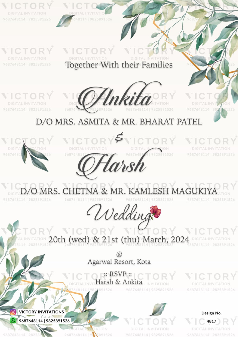 Wedding ceremony invitation card of hindu rajasthani rajput family in english language with artistic leaves theme design 4817