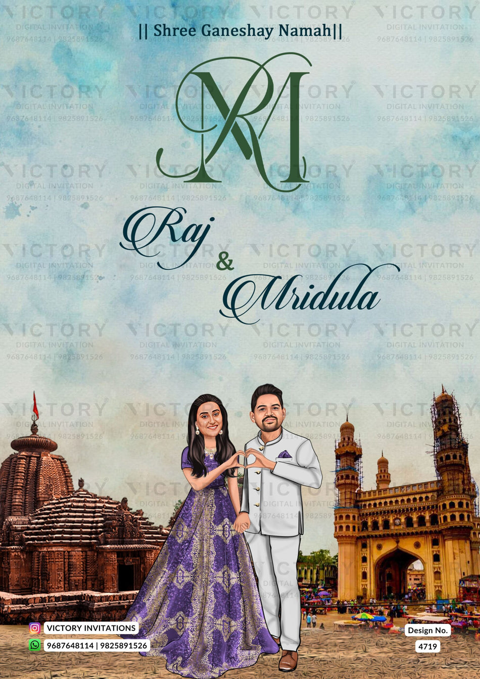 Romantic couple caricature invitation card for wedding ceremony of south indian Odiya family in english language with temple theme design 4719