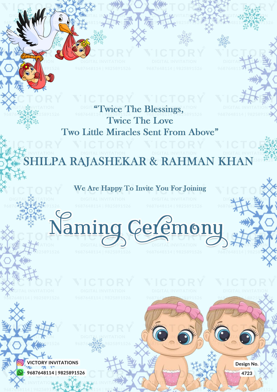 Twins Baby Naming ceremony invitation card in english language with baby doodle as frozen theme design 4723