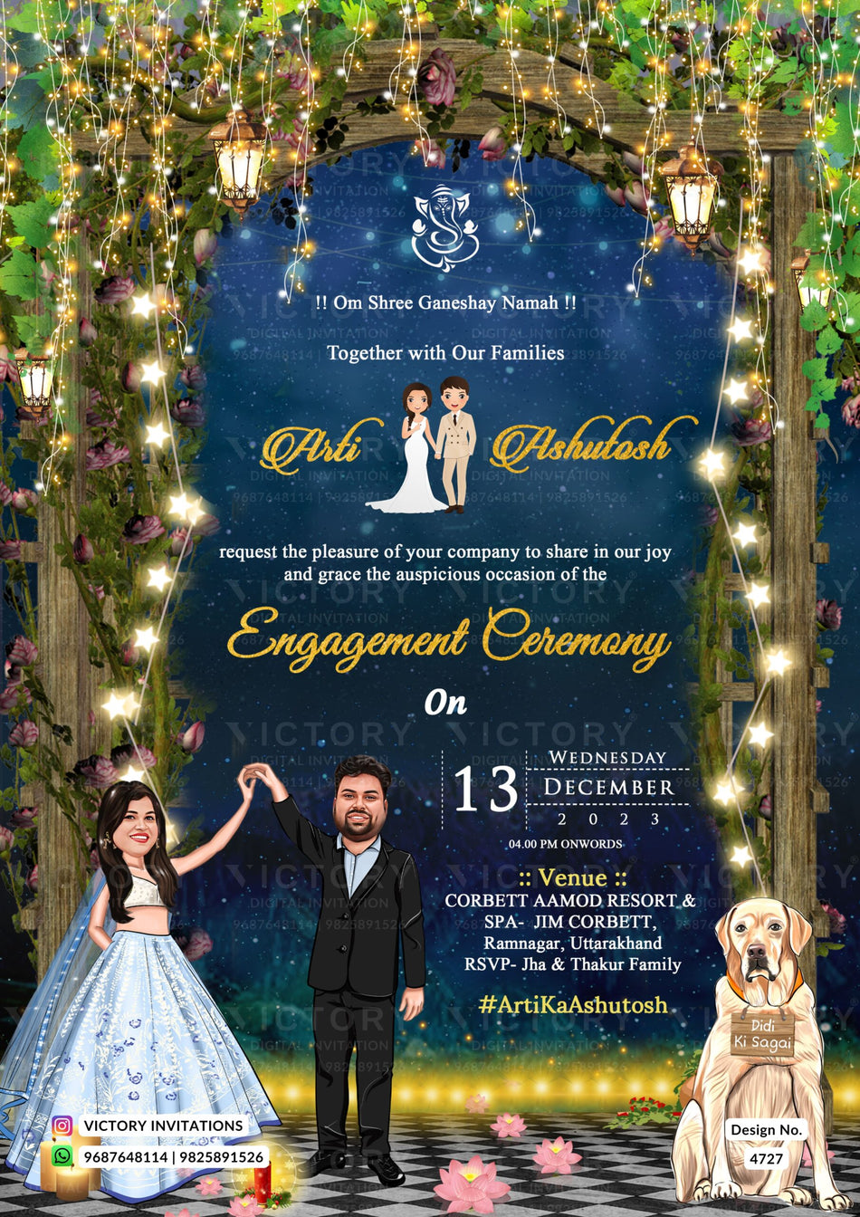Dancing couple caricature invitation card for Engagement ceremony in English language with star, string light as woodland theme design 4727