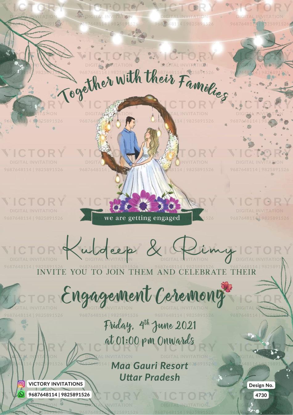 Engagement ceremony invitation card in english language with leaves, string light as floral theme design 4730