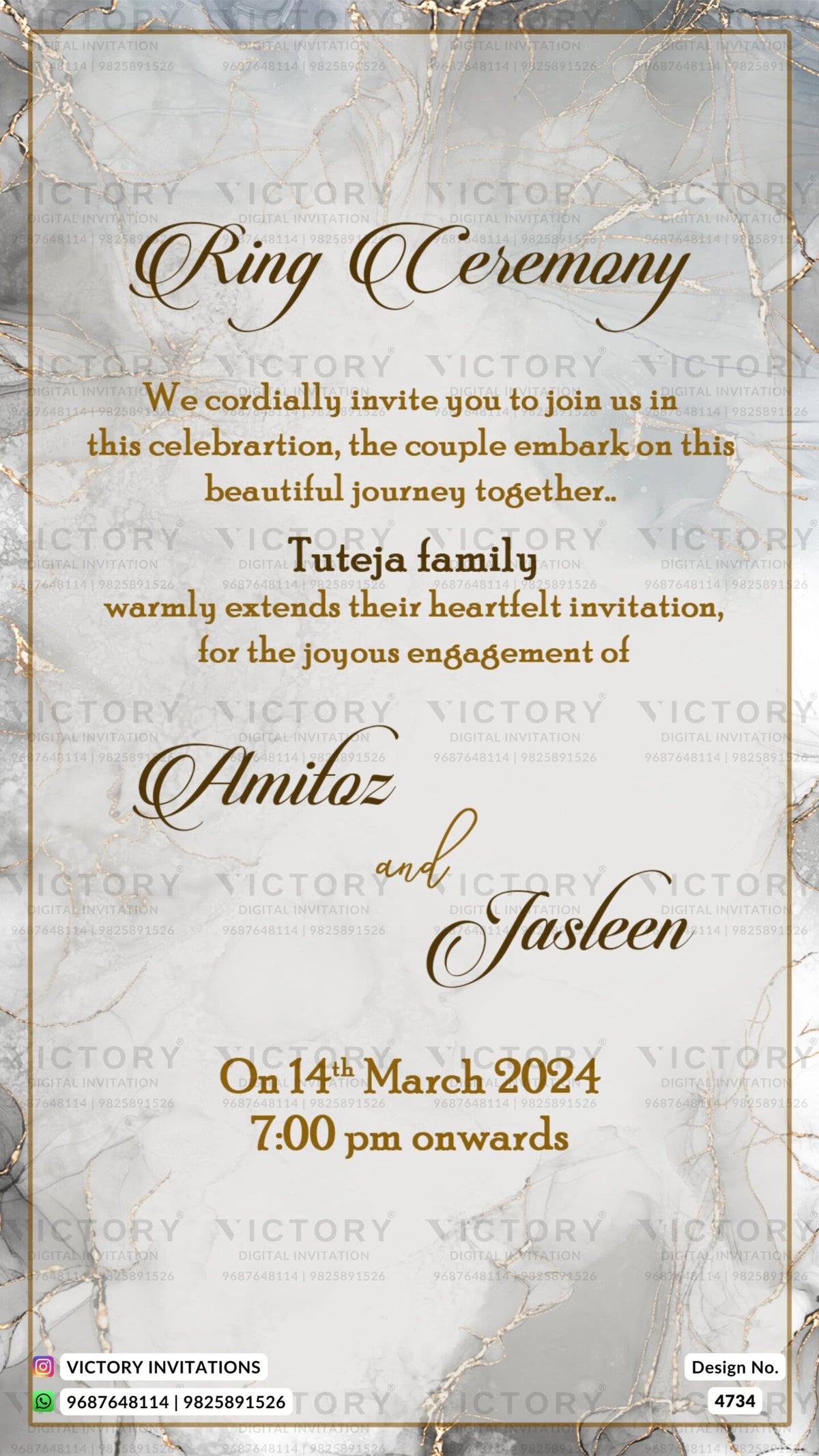 Engagement ceremony invitation card in english language with name logo as glittery theme design 4734