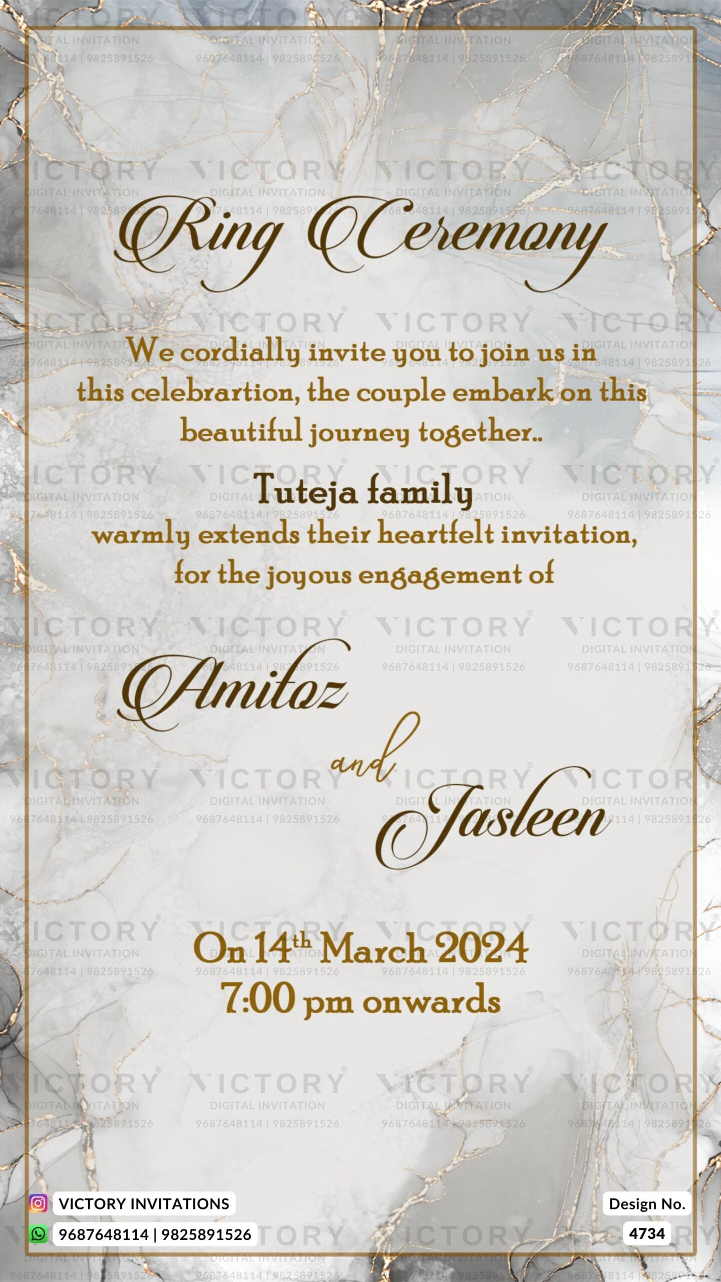 Engagement ceremony invitation card in english language with name logo as glittery theme design 4734