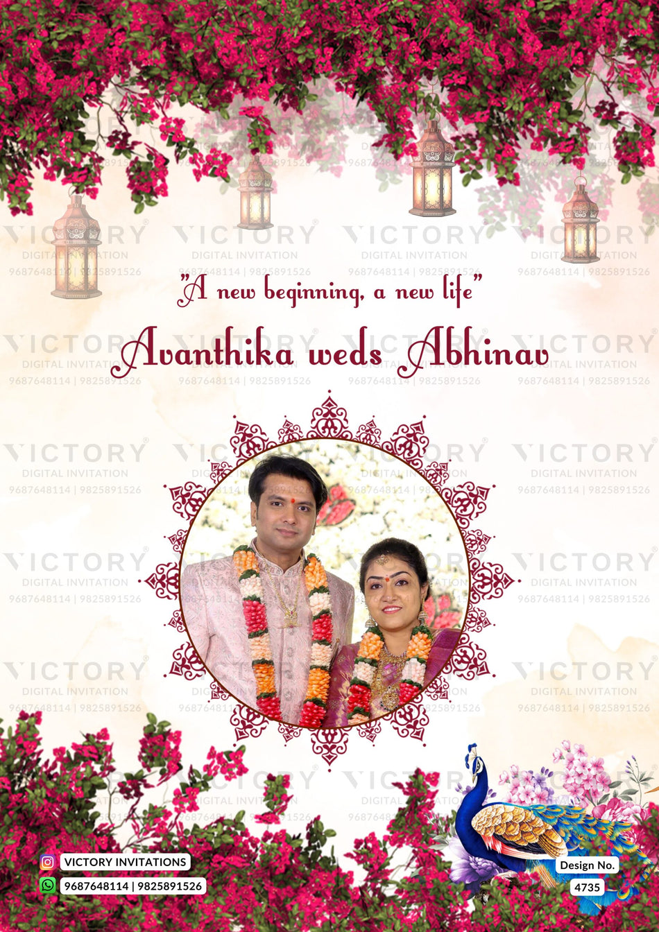 Wedding ceremony invitation card of hindu south indian telugu family in english language with floral theme design 4735
