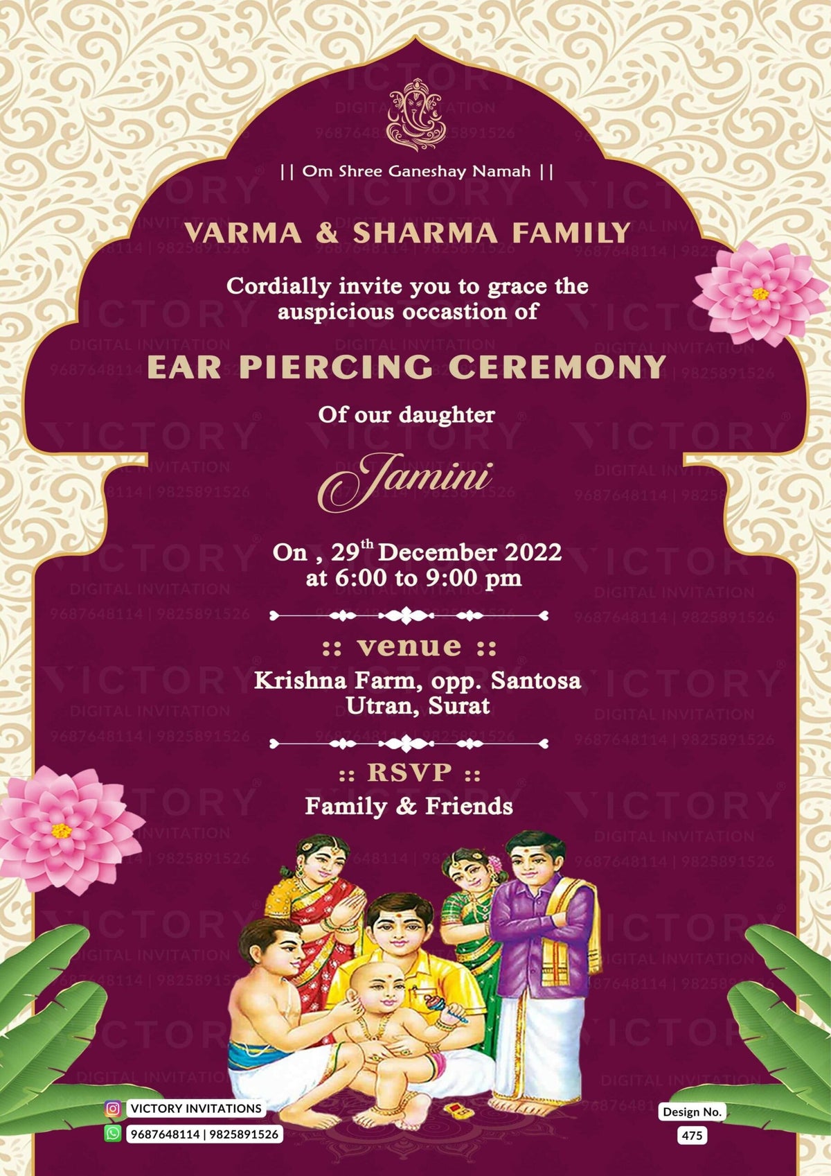Ear Piercing ceremony invitation card in english language with flowers, leaves as traditional theme design 475