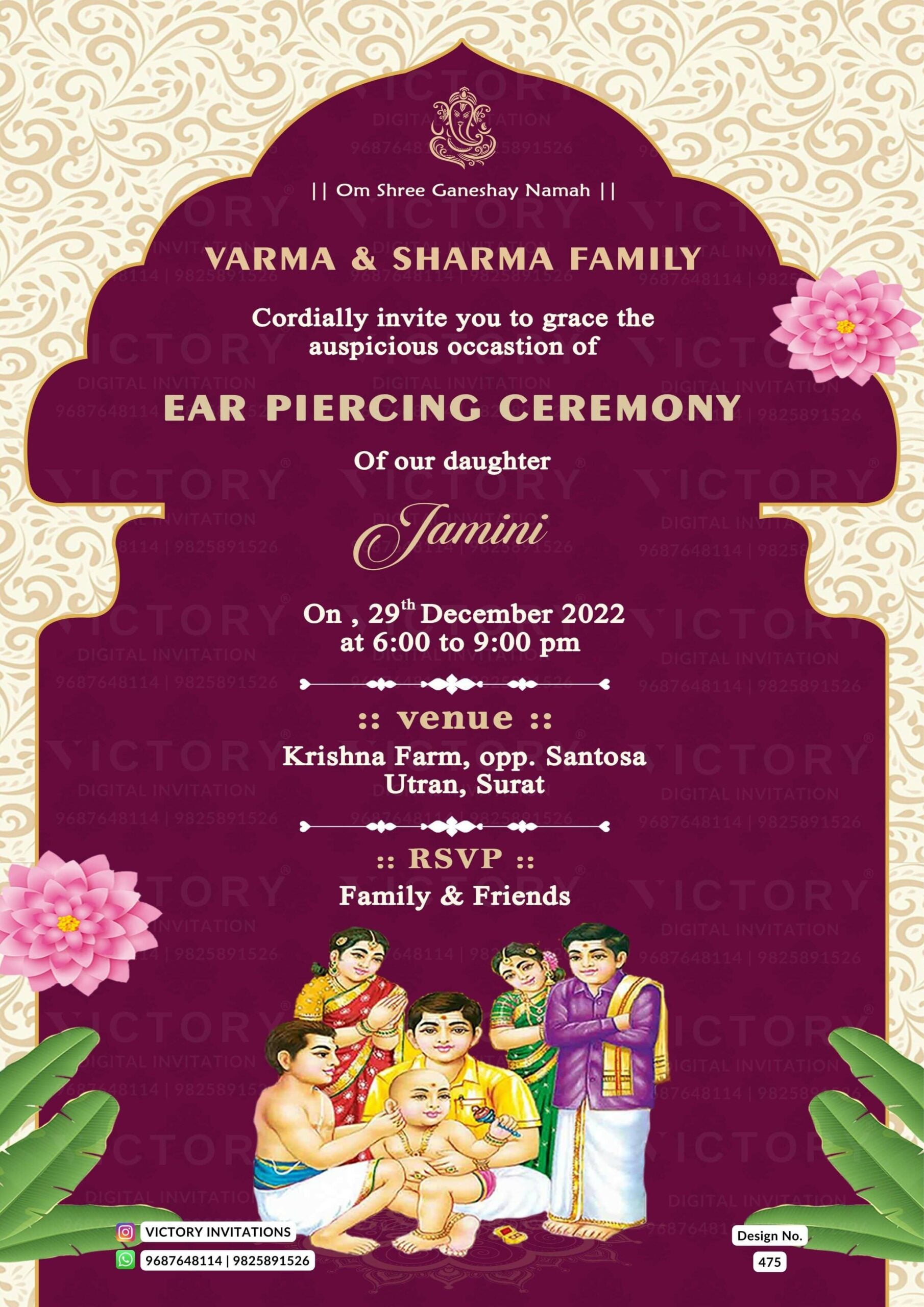 Ear Piercing ceremony invitation card in english language with flowers, leaves as traditional theme design 475
