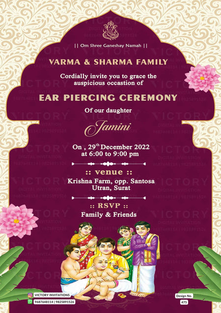 Ear Piercing ceremony invitation card in english language with flowers, leaves as traditional theme design 475