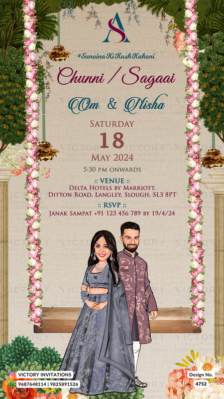A digital Indian wedding invitation card featuring a beige textured background framed by pink and white floral garlands. The text details the event for Chinni/Sagai Om & Qlisha on Saturday, 18 May 2024, at 5:30 PM onwards at Delta Hotels by Marriott.