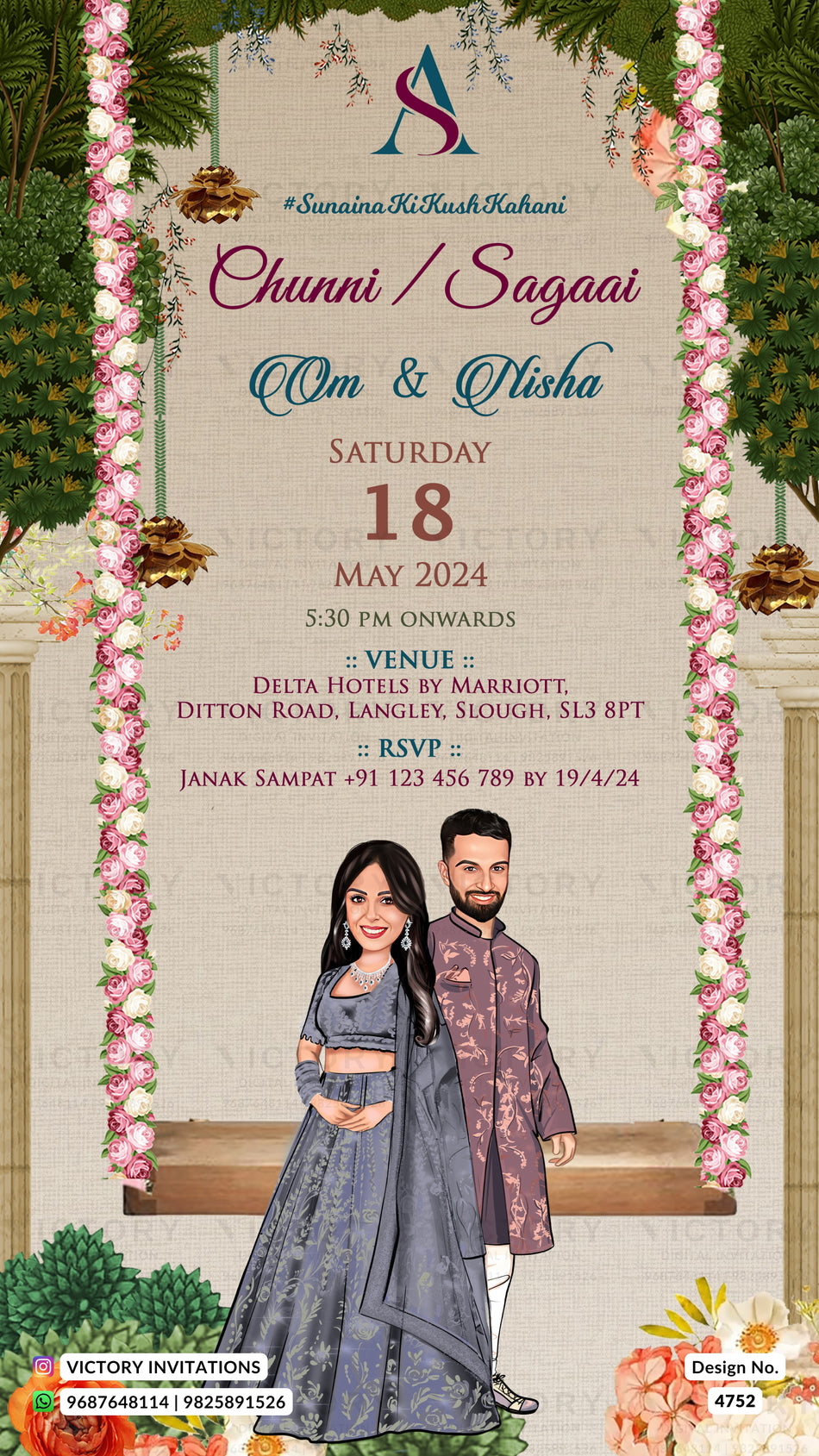 A digital Indian wedding invitation card featuring a beige textured background framed by pink and white floral garlands. The text details the event for Chinni/Sagai Om & Qlisha on Saturday, 18 May 2024, at 5:30 PM onwards at Delta Hotels by Marriott.