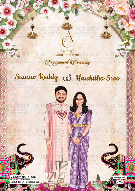 A decorative wedding invitation card featuring an illustrated couple standing at the bottom, surrounded by floral arches, hanging lanterns, ornamental borders, and text reading 'Abhika Chand' and 'Saurav Reddy & Harshitha Sree' with 'Engagement Ceremony.'.