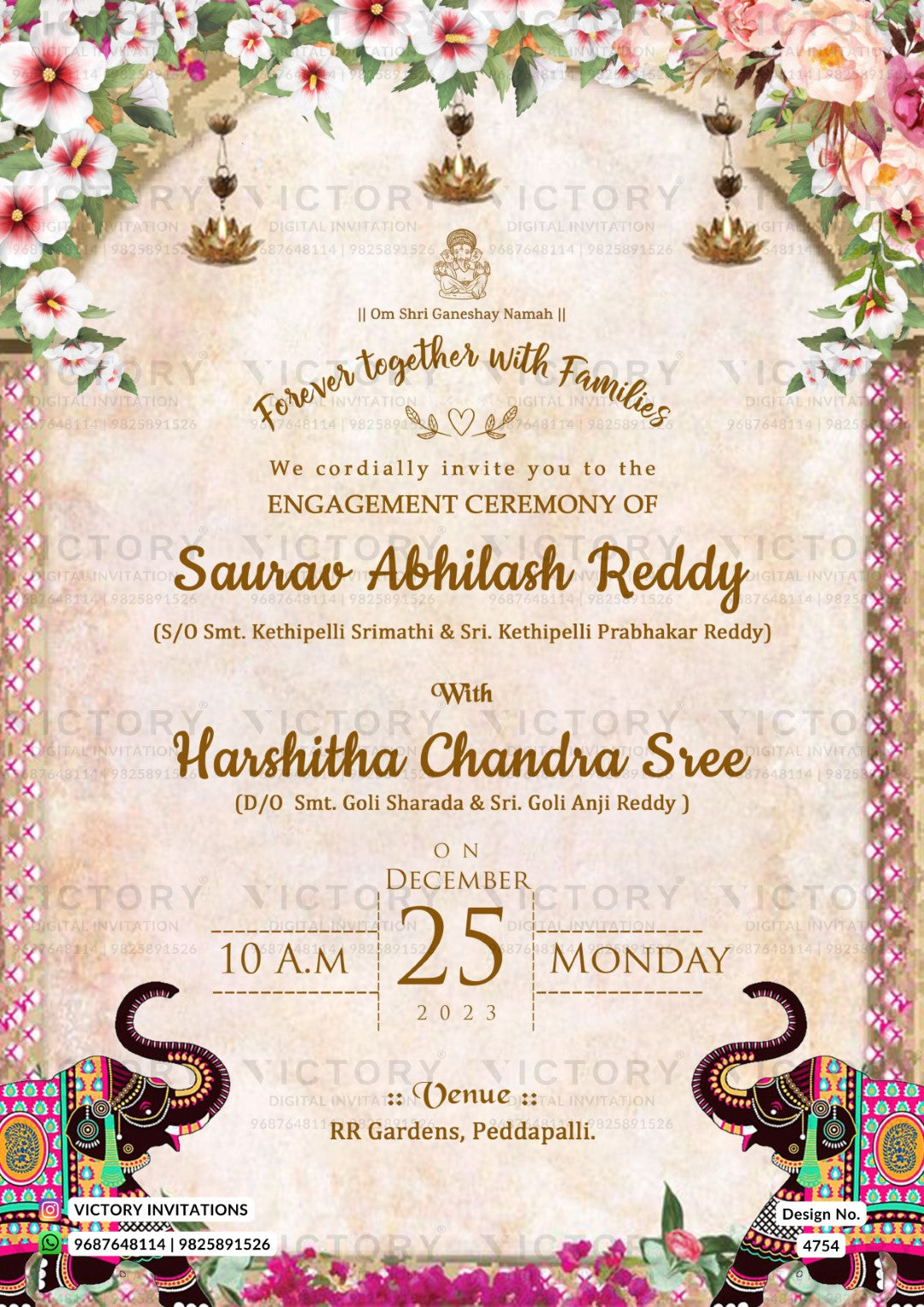 A festive Indian engagement party invitation card with a floral border, hanging lanterns, and traditional text details on a warm beige background.