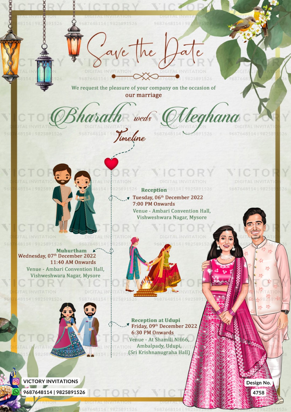 Traditional couple caricature invitation card for Wardrobe planner in English language with lantern as floral theme design 4758