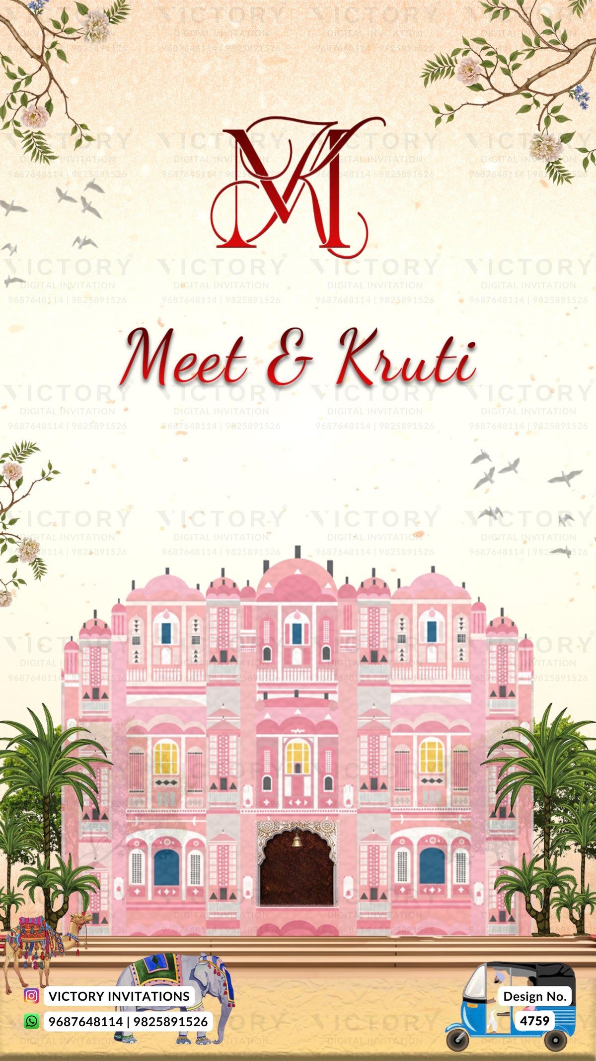A digital Indian wedding invitation card design featuring a pink palace illustration, palm trees, and a beige textured background with floral corner details. The text 'Meet & Kruti' is written in red script, with a red monogram logo 'M L' above it.