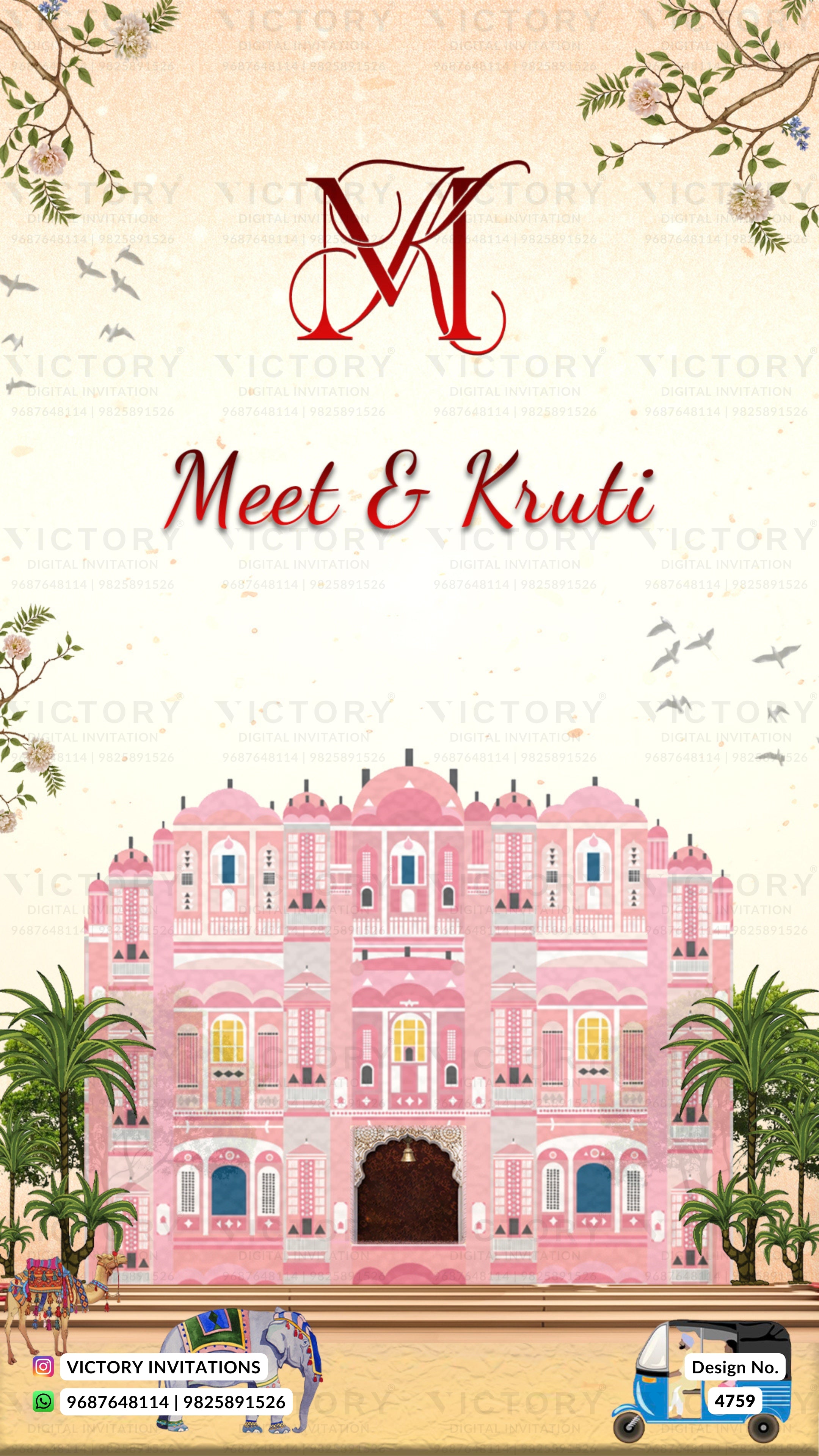 A digital Indian wedding invitation card design featuring a pink palace illustration, palm trees, and a beige textured background with floral corner details. The text 'Meet & Kruti' is written in red script, with a red monogram logo 'M L' above it.