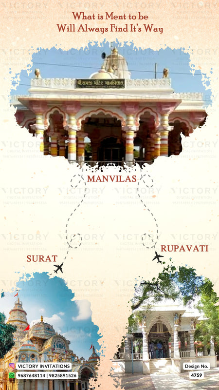 A travel-themed invitation card design featuring three scenic photographs of Indian temples with text reading 'What is Meant to be Will Always Find It Way', 'MANVILAS', 'SURAT', and 'RUPAVATI', arranged on a cream background with dotted flight-trace lines and small airplane icons.